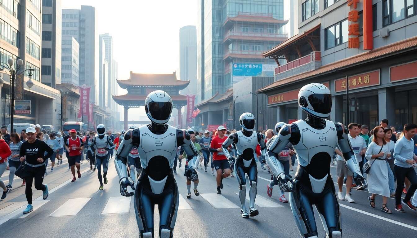 Des robots humanoïdes sur la ligne de départ à pékin